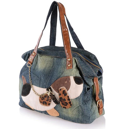 Casual denim women's handbag with multiple compartments and zipper opening