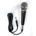Black wired moving coil sound card live microphone with 3-metre thread cable on a table