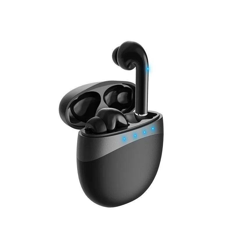 White digital display Bluetooth earbuds in charging case showing four LED battery lights