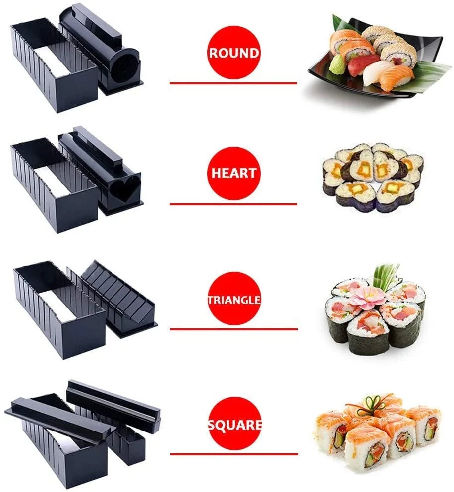 Plastic sushi making kit with 5 molds for creating heart, round, and square sushi shapes