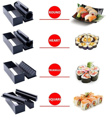 Plastic sushi making kit with 5 molds for creating heart, round, and square sushi shapes