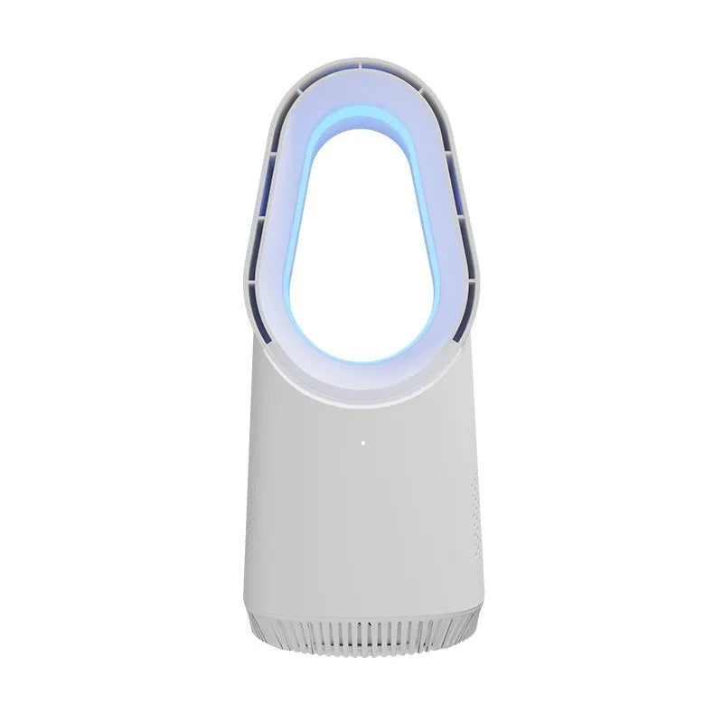 White bladeless tower fan with touch screen controls and remote on a desk.