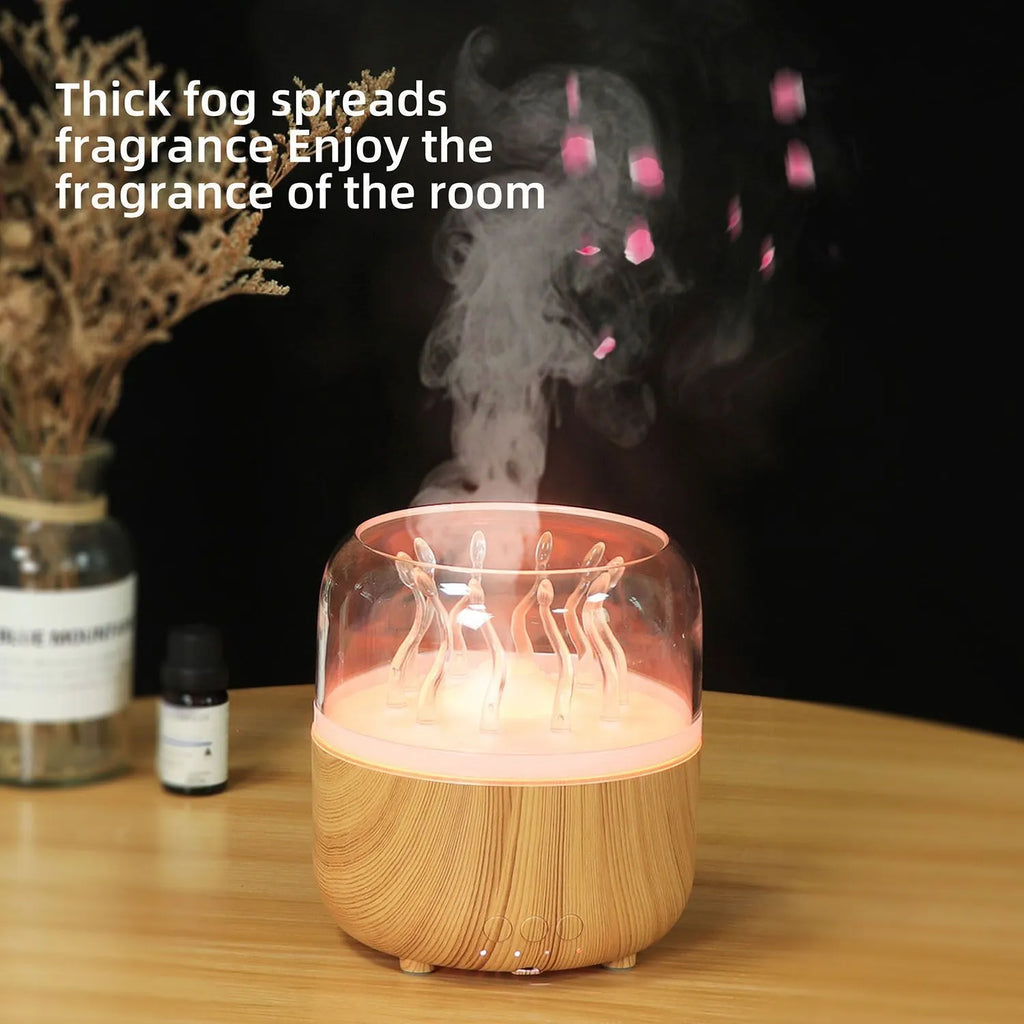 Wood grain rotating jellyfish ambience light humidifier with remote control and ultrasonic mist
