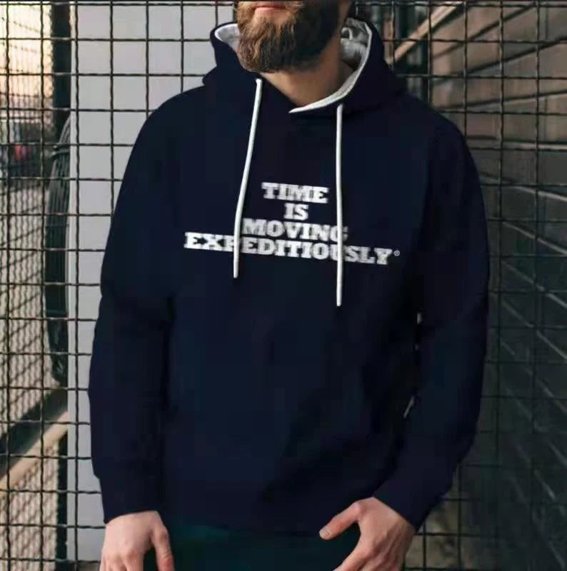 Men's casual hoodie with 3D printing details in black, navy blue, and navy green