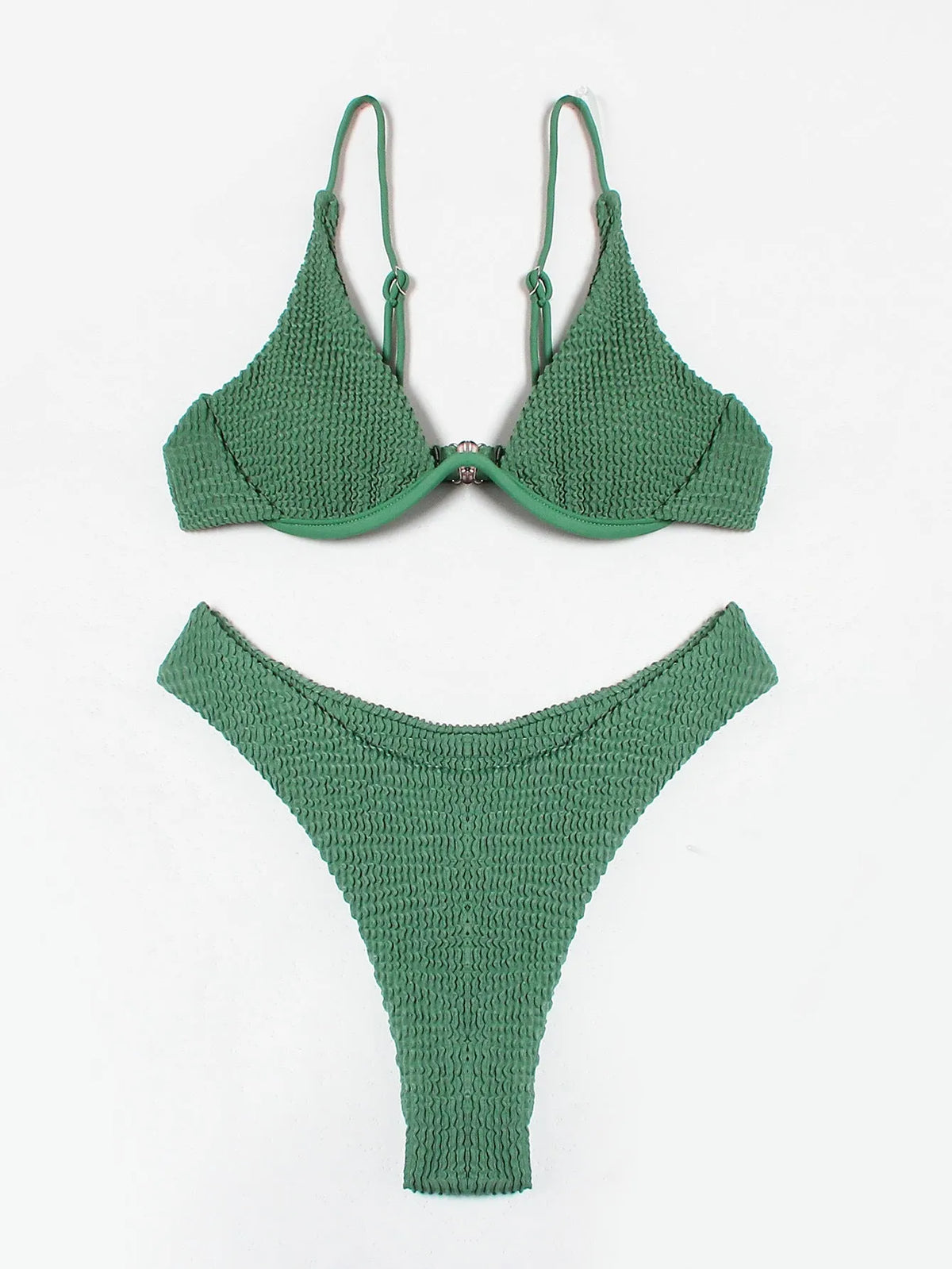 Women's green bikini suit with ruffle split detail on quick-drying polyester fabric