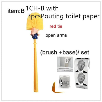 Bright yellow Trump-themed toilet brush with hanging slot