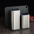 Black and white stainless steel kitchen tool holder with detachable base for knives and cutlery