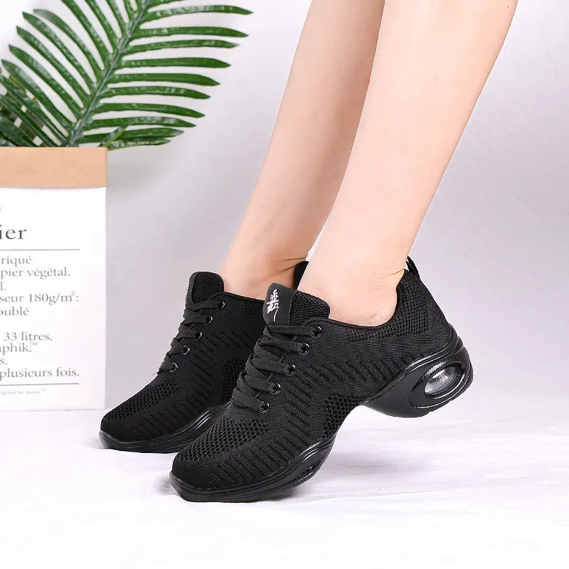 Women's breathable flyknit mesh dance shoes with PU sole in red colour