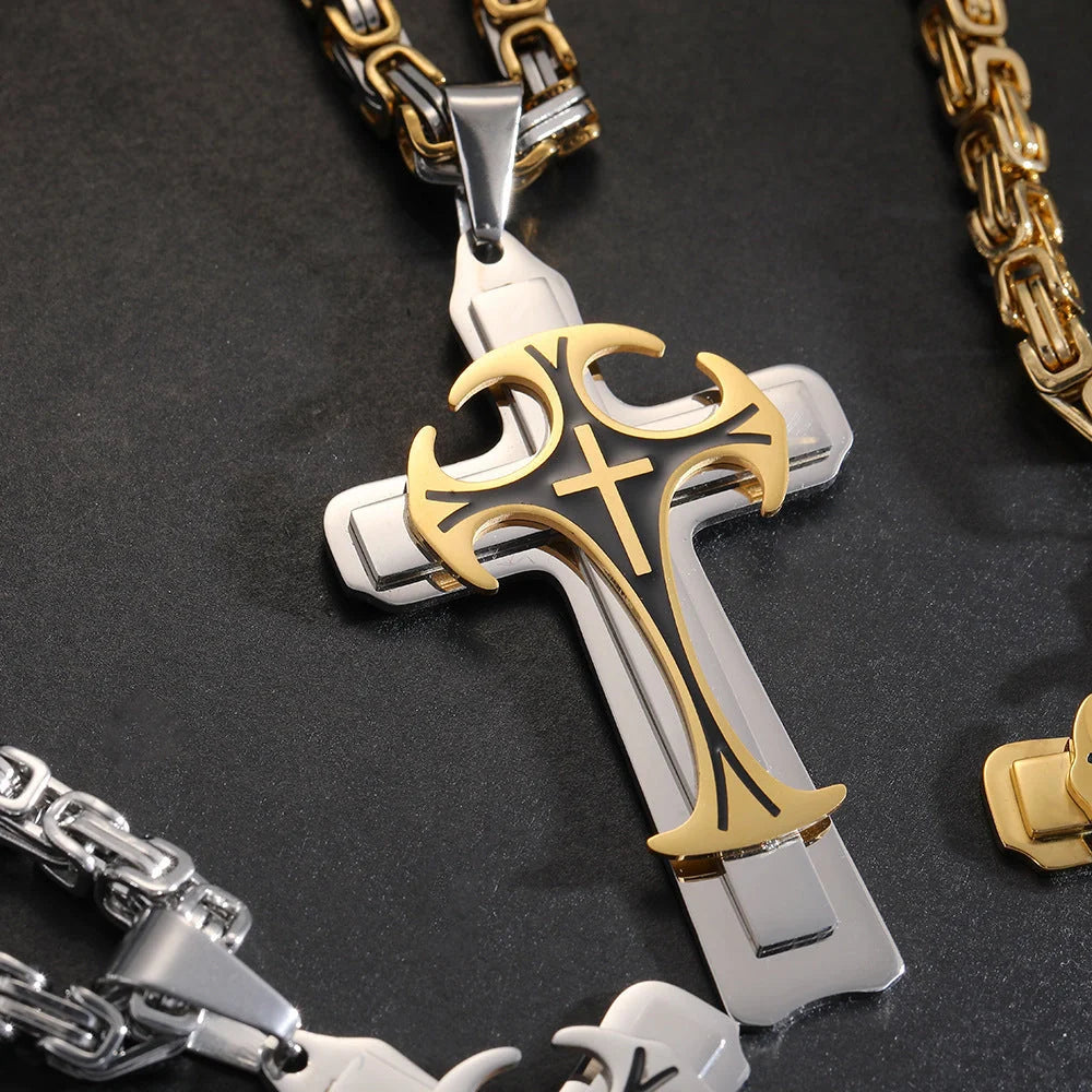 Men's Christian Trinity Latin Cross Necklace in stainless steel with three layers