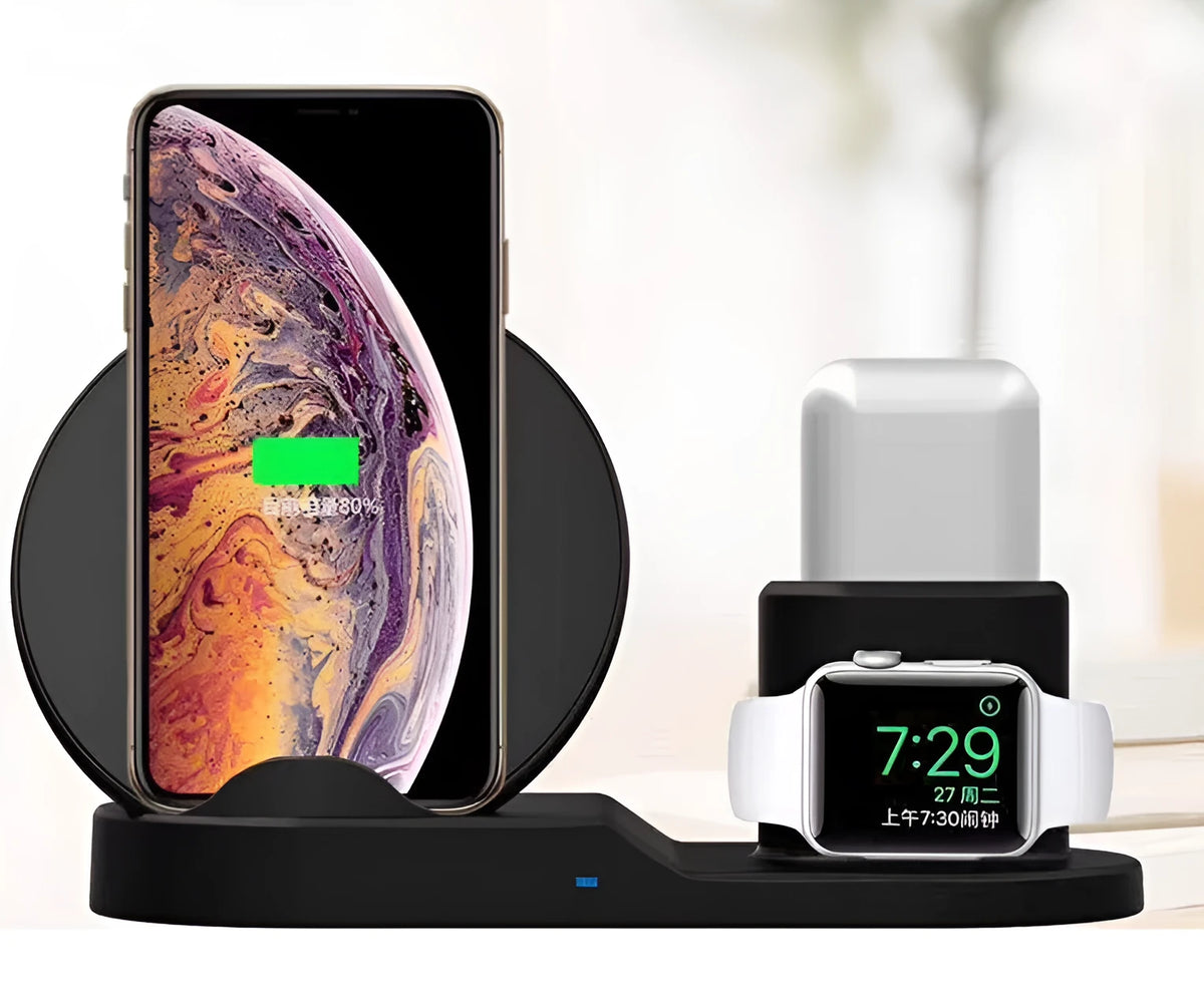 3 in 1 wireless charger stand in black holding a phone, smartwatch, and headphones