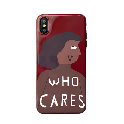 Wine red silicone iPhone case with Japanese-Korean brown girl illustration design and protective edges