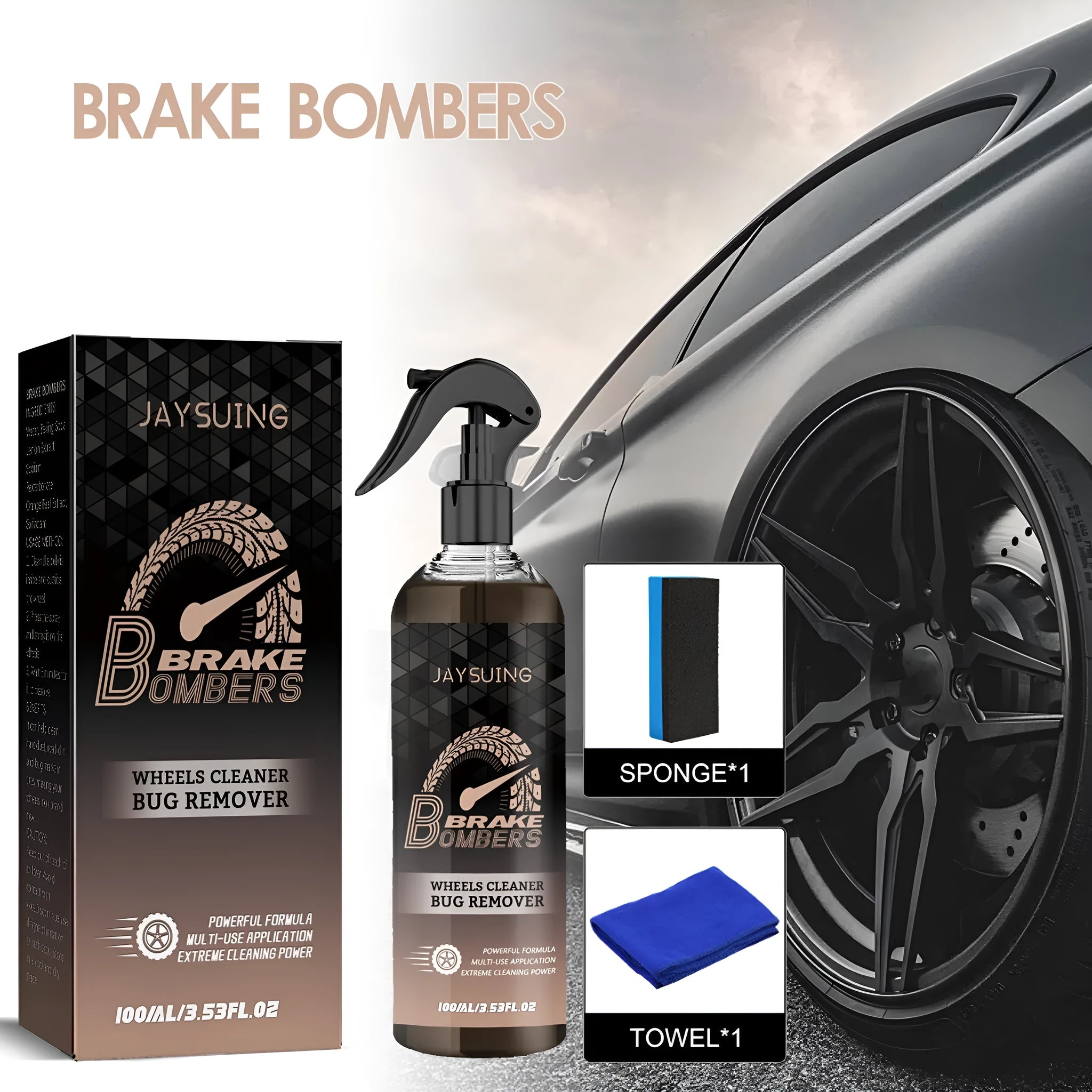 Car brake cleanser kit showing 100ml bottle, sponge, and cloth for brake disc rust removal