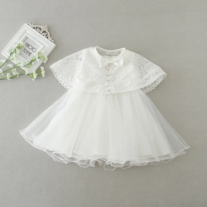 Baby girl fluffy dress two-piece set in beige with soft fabric, displayed on child-sized mannequin