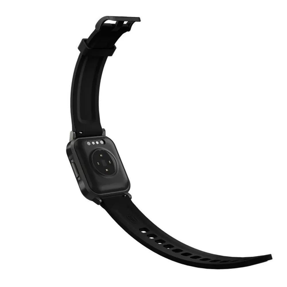 Black waterproof smart bracelet with 1.4-inch screen and silicone strap on a wrist