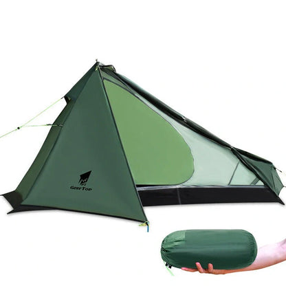 Green poleless camping tent with right opening showing interior 220cm length and 115cm height