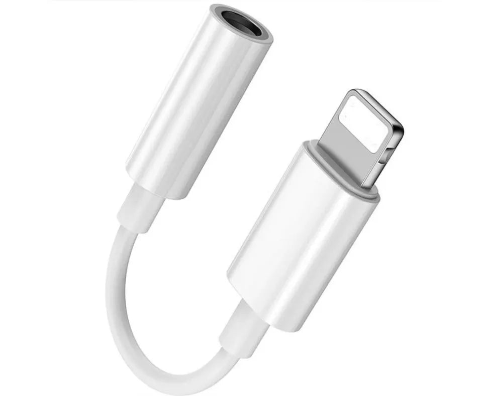White Lightning to 3.5mm audio adapter for iPhone compatibility.