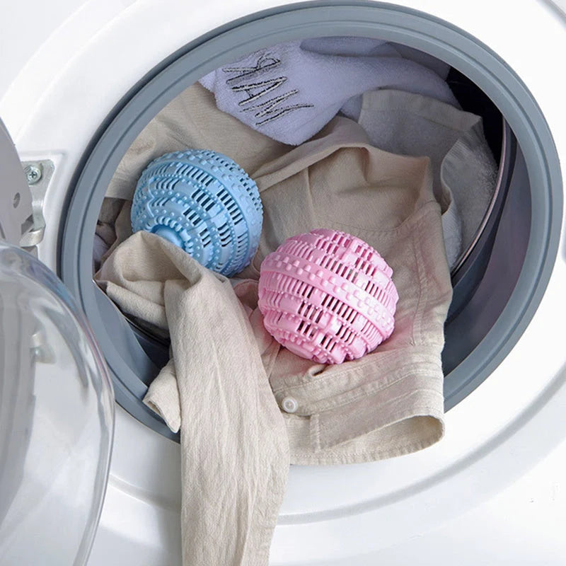 Laundry ball in blue, pink, white, and green for effective clothes cleaning