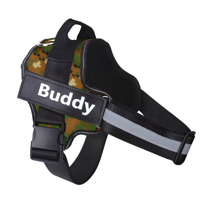 Adjustable nylon no-pull dog harness in black with reflective straps and custom patch, fits bust 25-120cm for small to large breeds