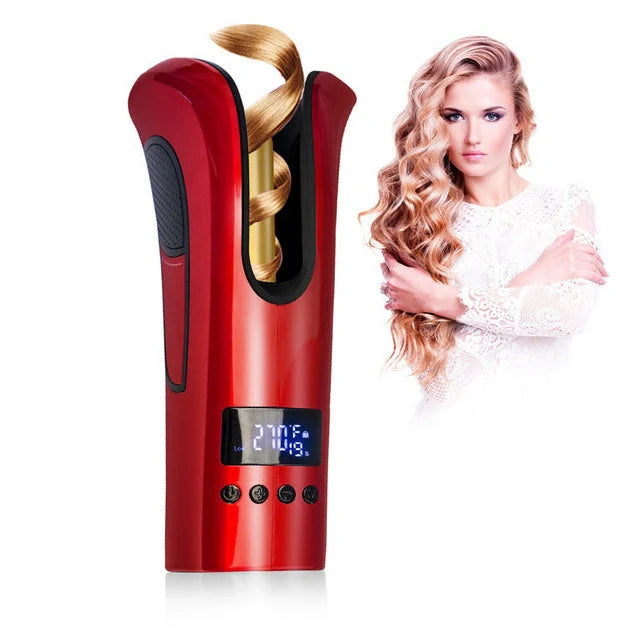 Automatic curling iron with gold ceramic barrel and LCD temperature display in black or red