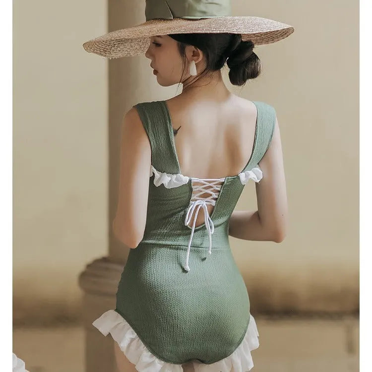 Korean style high waist one-piece swimsuit in quick-drying polyester fabric, available in black, green, or pink