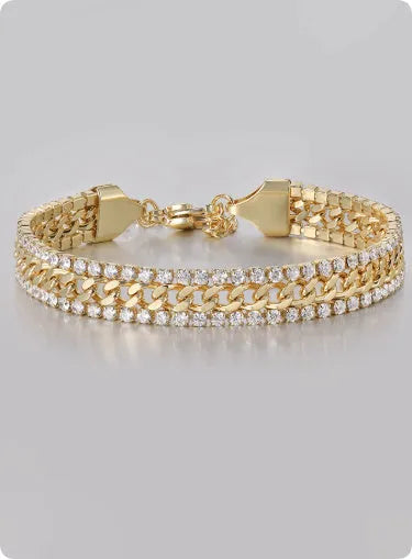 Gold tennis bracelet with electroplated finish and artificial gemstone inlay on titanium steel