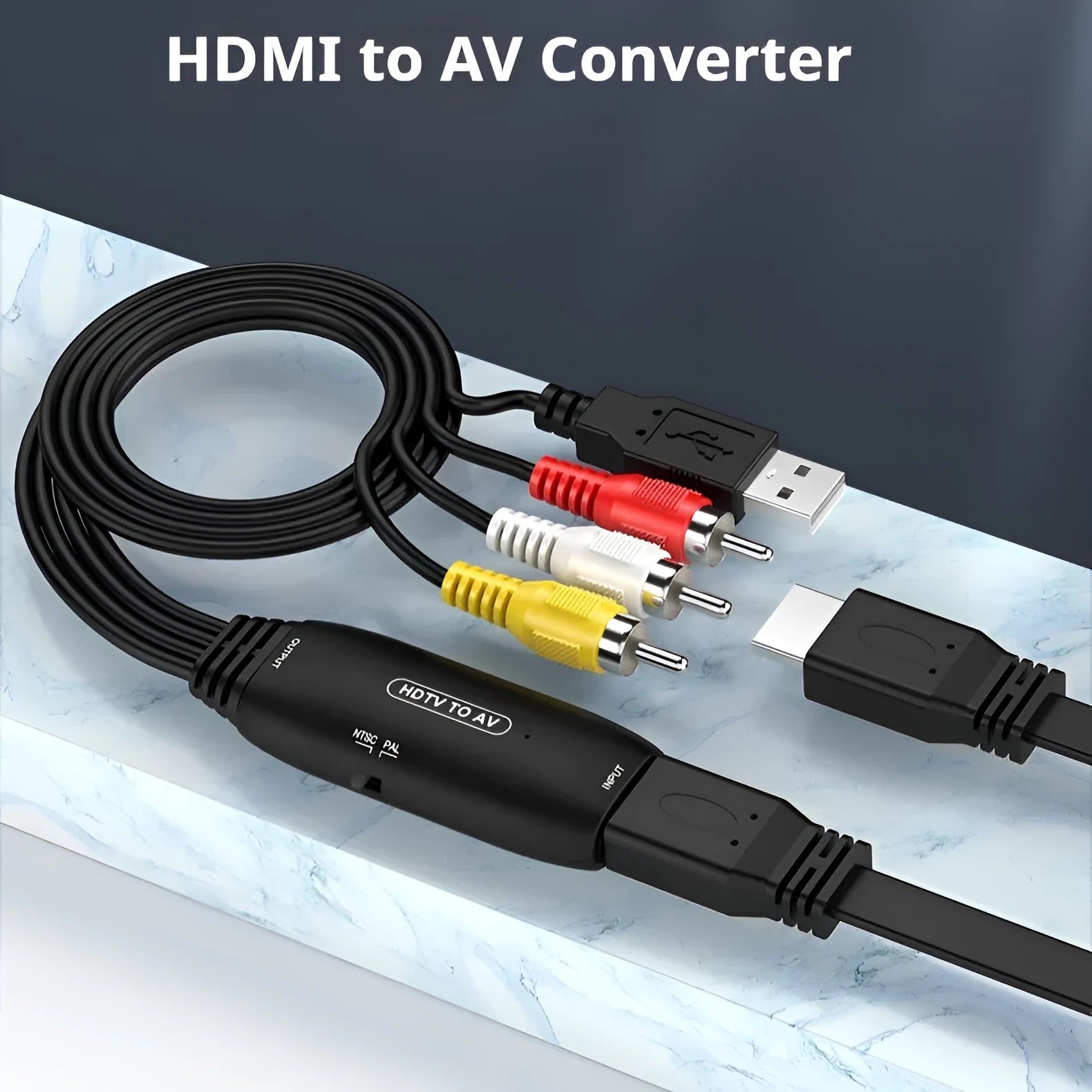 Black HDMI to AV converter cable with 110cm length for video signal transfer