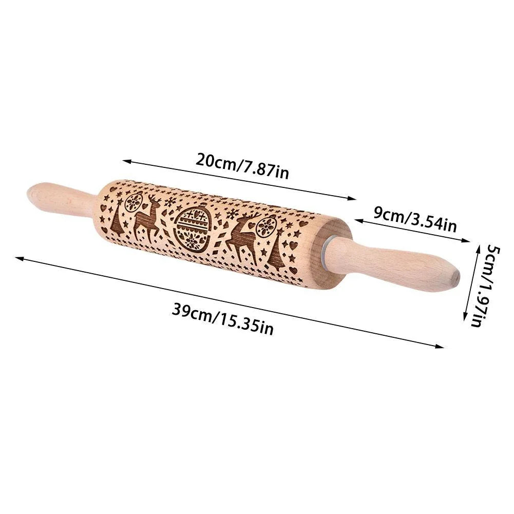 Christmas Snowflake Rolling Pin with detailed engraving on natural hardwood