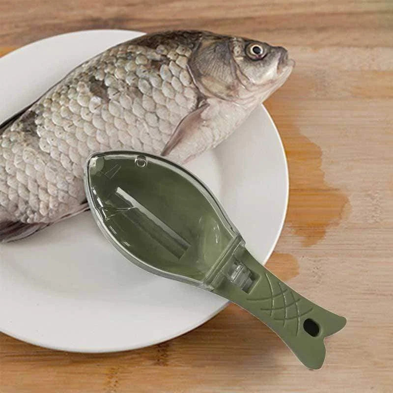 Fish scale scraper in white, green, and blue with hanging hole for easy storage