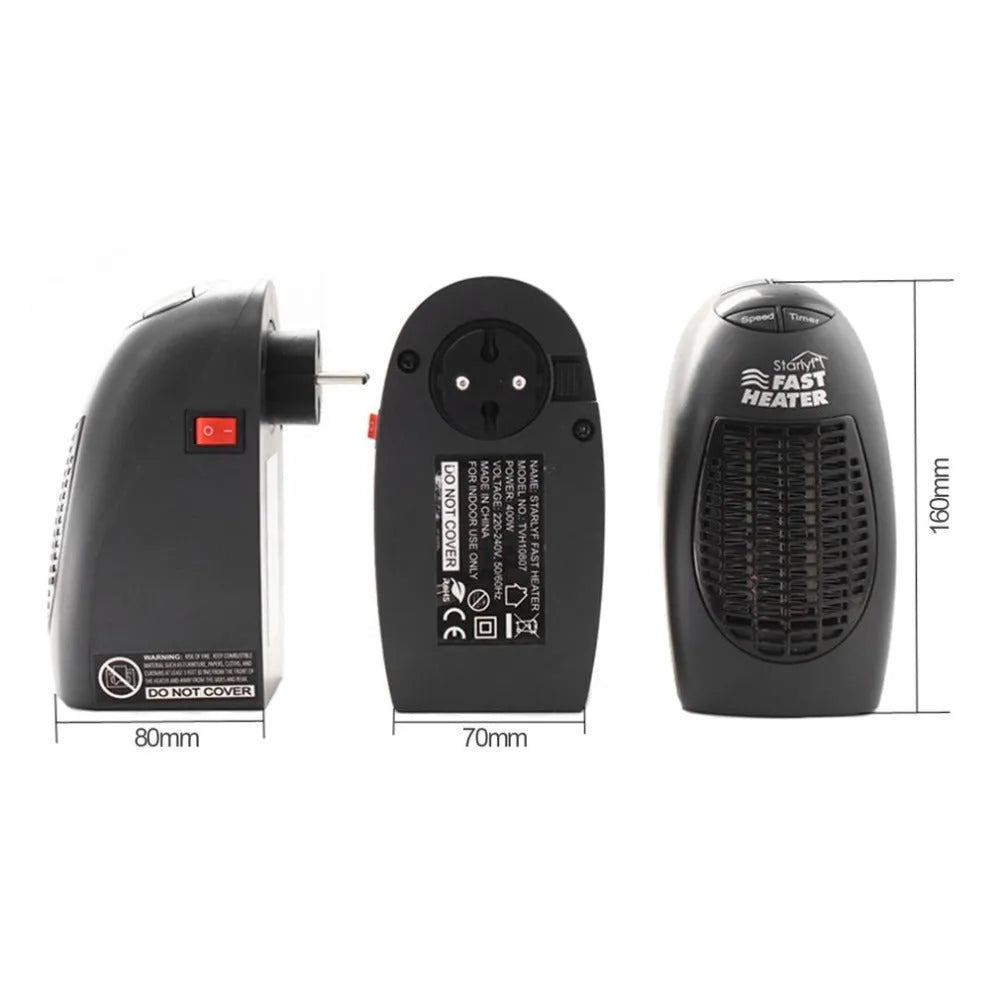 Black mini portable electric heater with digital display and a rotating three-prong plug.