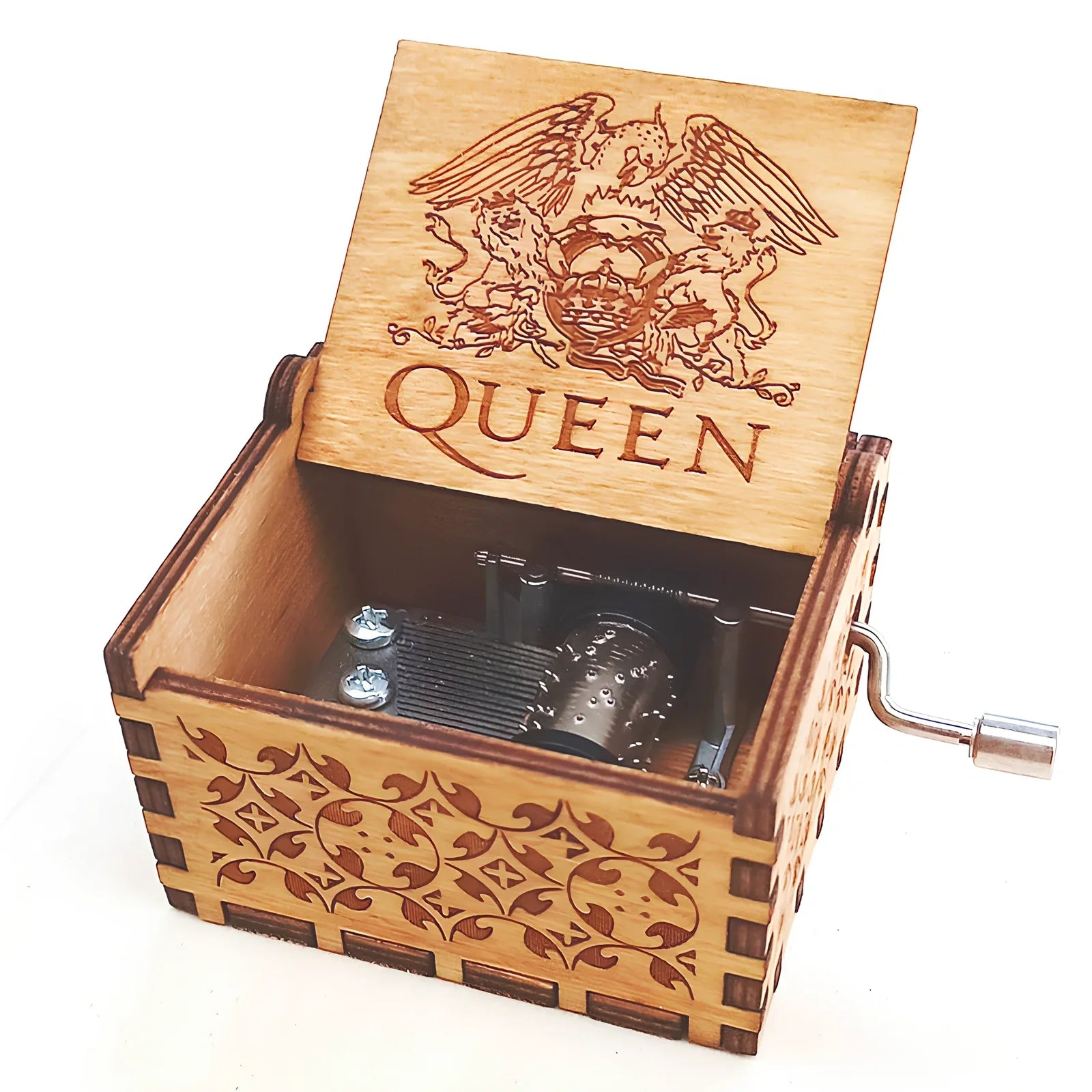 Antique boxwood music box with hand crank and yin carved Spirited Away landscape flowers, 10 cm tall wooden decoration