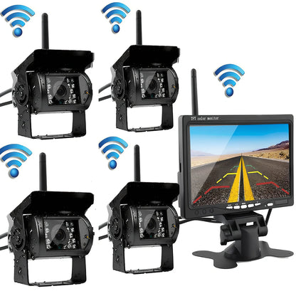 Black 7-inch wireless reversing camera display for forklifts, 175x115x20 mm, four-camera setup with 1024x600 resolution