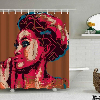 Colorful African girl portrait with graffiti art and modern buildings on a shower curtain