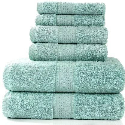 Pure cotton absorbent towel set in bamboo green, showing 140x70cm bath, 33x73cm hand, and 33x33cm square towels