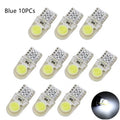 Ten silicone T10 LED car bulbs in various colours including white, red, blue, and yellow on a white background.