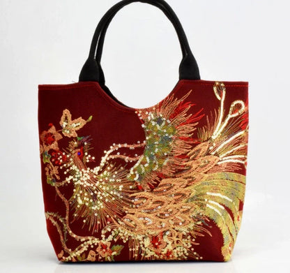 Canvas peacock embroidery small handbag with detachable strap in various colours