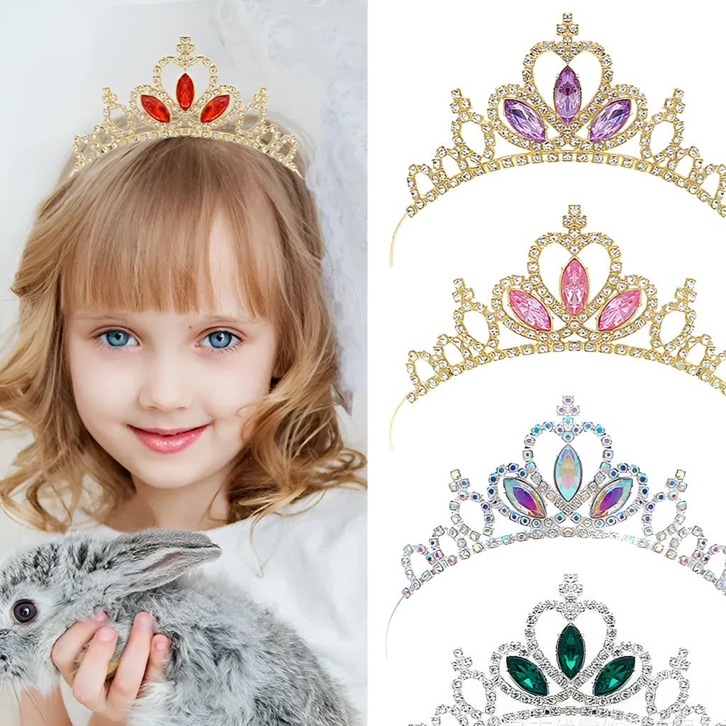 Gold electroplated alloy princess crown tiara with crystal accents for girls birthday parties