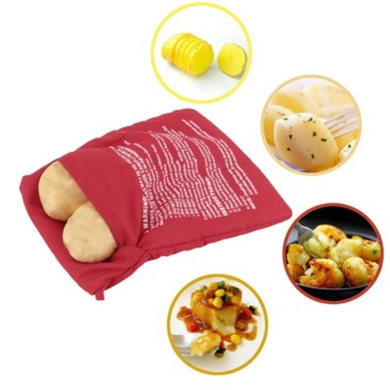 Red microwave cooker bag for quick and easy potato cooking