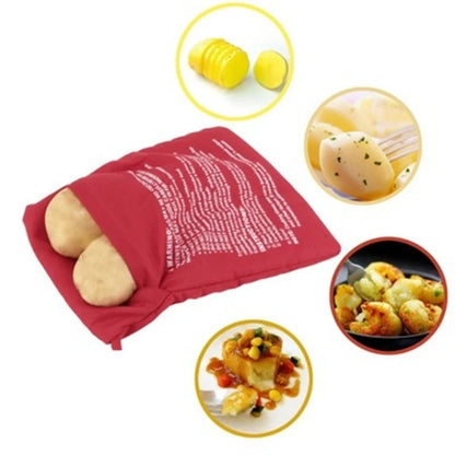 Red microwave cooker bag for quick and easy potato cooking