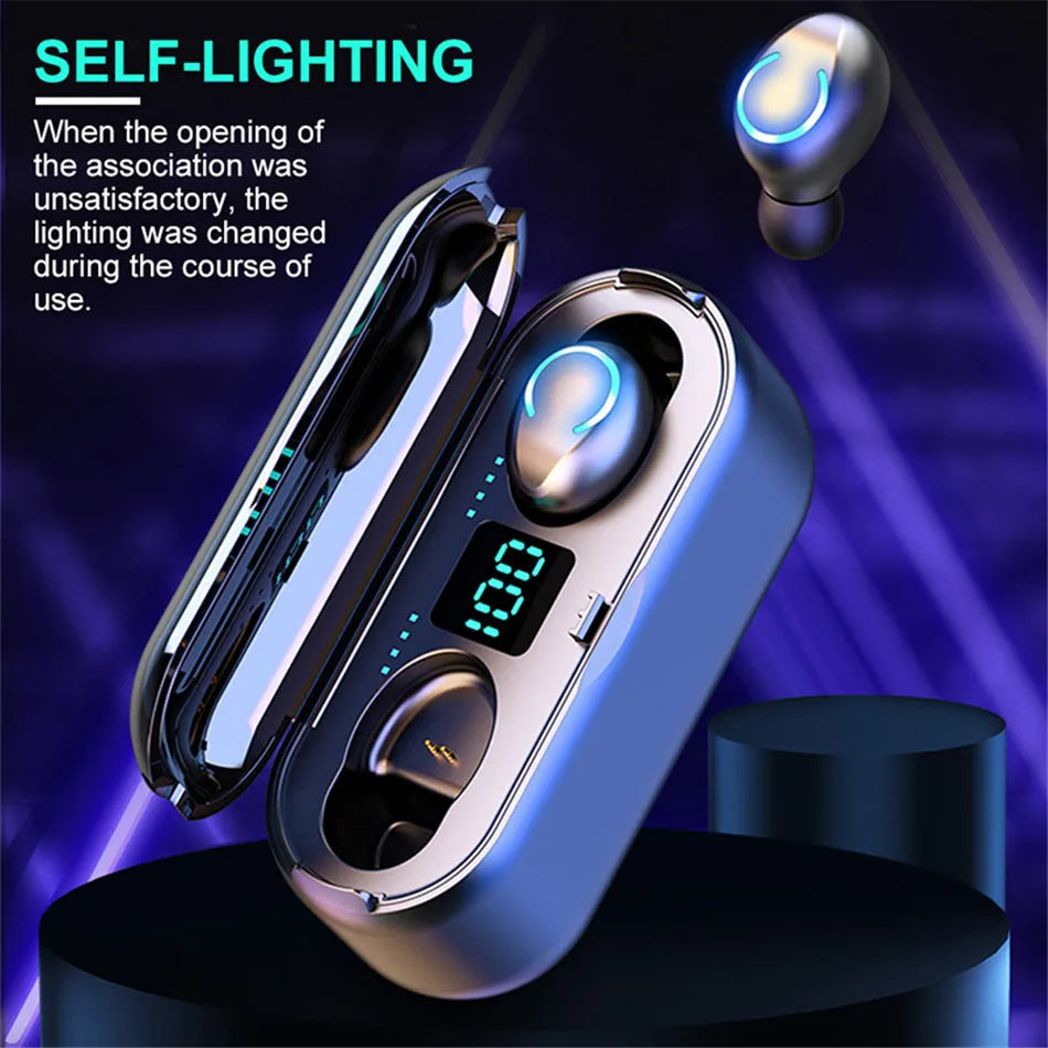Binaural digital display Bluetooth headset in black with battery indicator