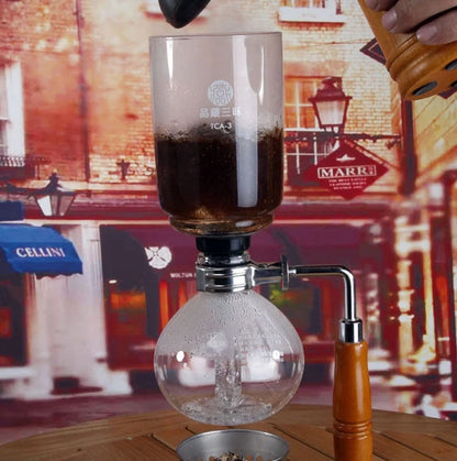 Siphon Coffee Maker with glass pot and wooden handle for 3 people