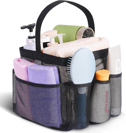 Black beach mesh toiletry bag with eight mesh pockets for organised storage