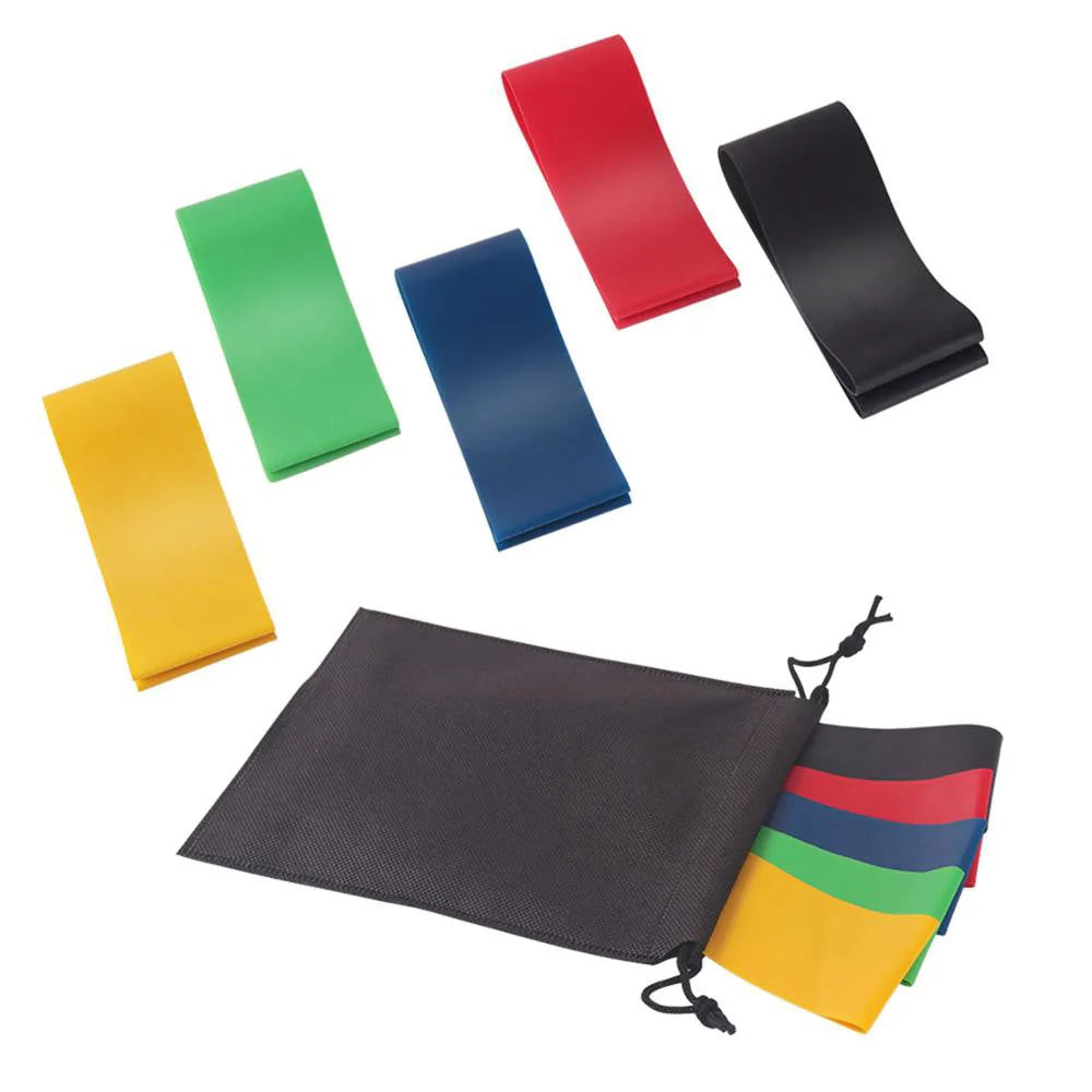 Set of five colour-coded resistance bands for yoga and fitness training, with storage bag