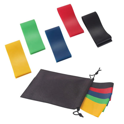 Set of five colour-coded resistance bands for yoga and fitness training, with storage bag