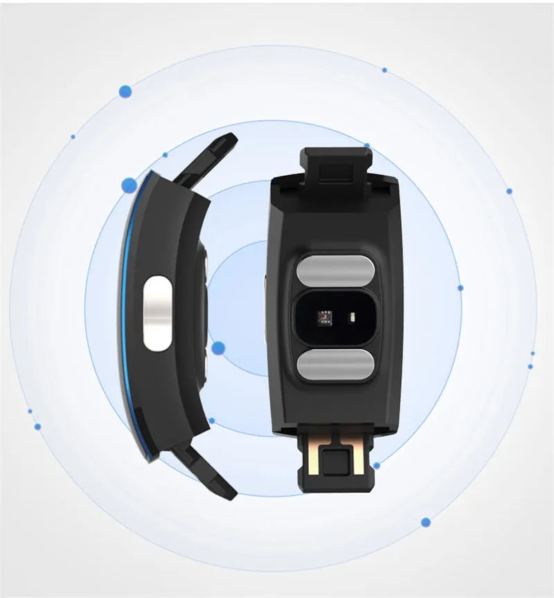 Smart watch with OLED touch display and silicone wristband on a wrist, showing heart rate monitoring screen