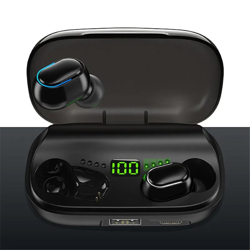 Black TWS XT01 Bluetooth earphones with charging case showing digital display