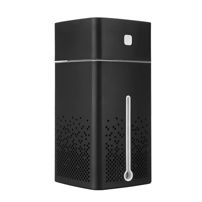 Black and white air purifier humidifier with LED lights and water tank for desktop use