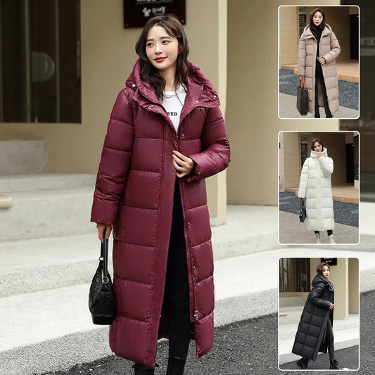 Women's super long winter puffer coat in black, dark red, white, and khaki with hood