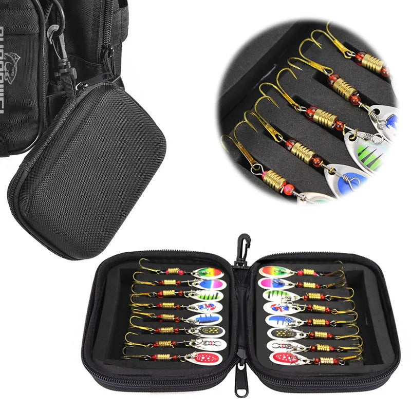 Fishing bait bag with attached gear bag, 16-piece composite sequin set in black, with hook and bait