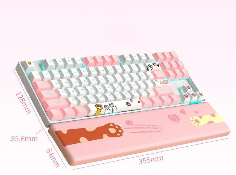 TK916 87-key green shaft RGB mechanical keyboard with metal panel and USB cable, white and pink colour