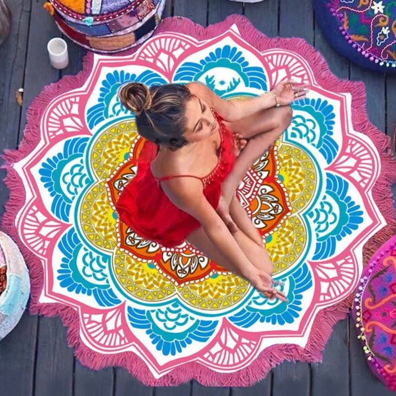 Retro ethnic tassel round bath towel yoga mat with sunshade function